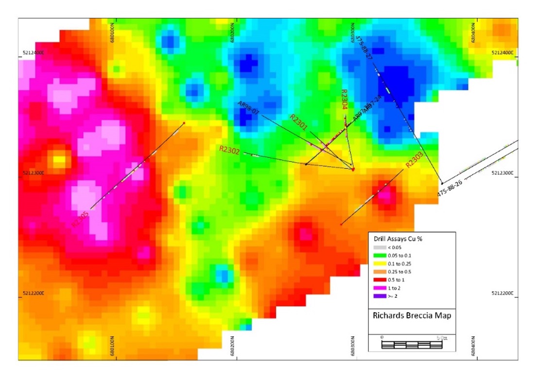 Figure 3: Richards Breccia Drillhole Location Map Showing Gradient IP Anomaly